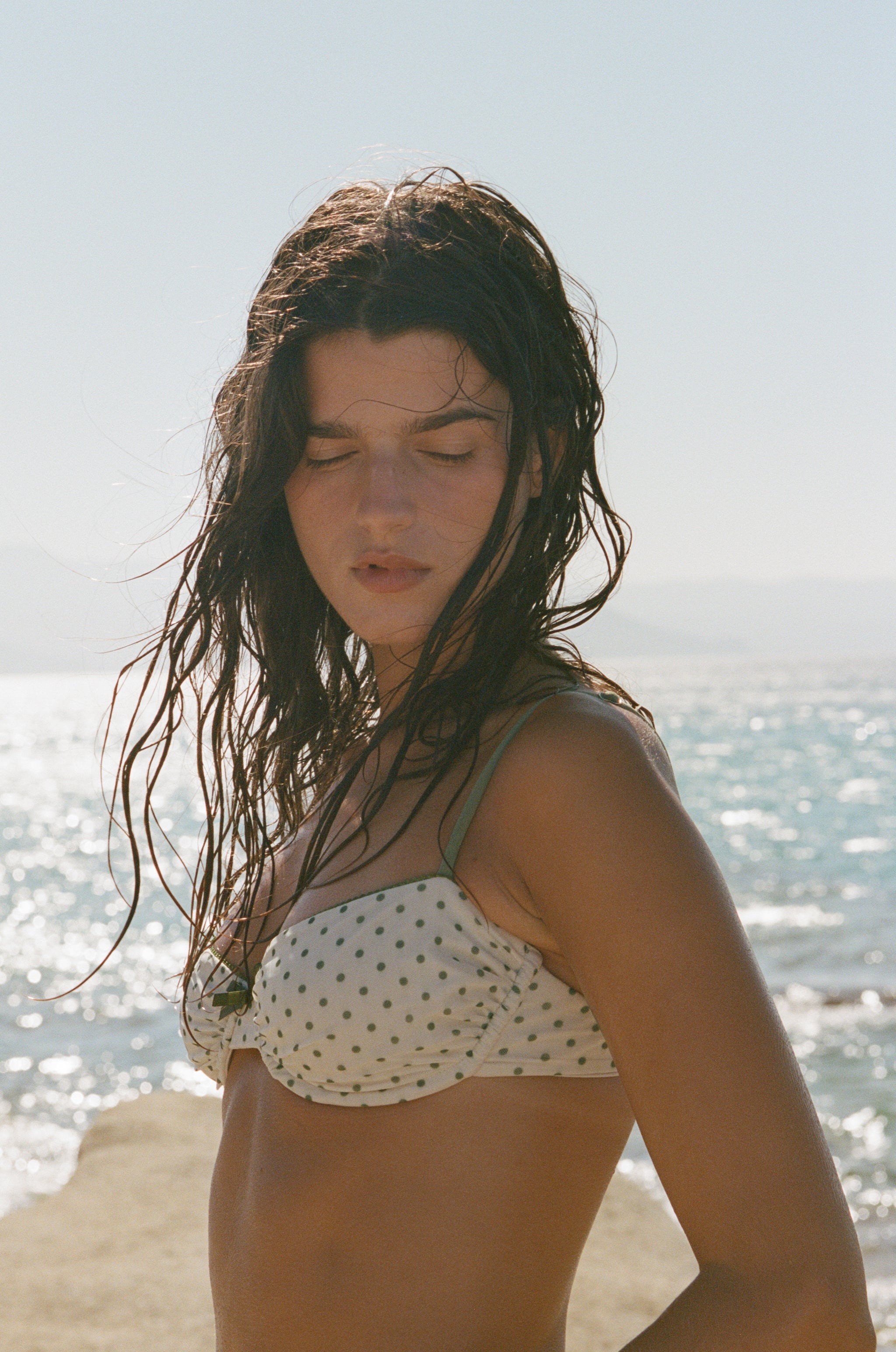 Jeanie Bikini Top | Green Polka Dot