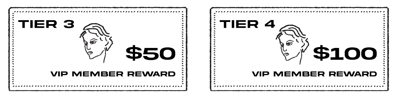 VIP member reward cards for Tier 3 and Tier 4 members.