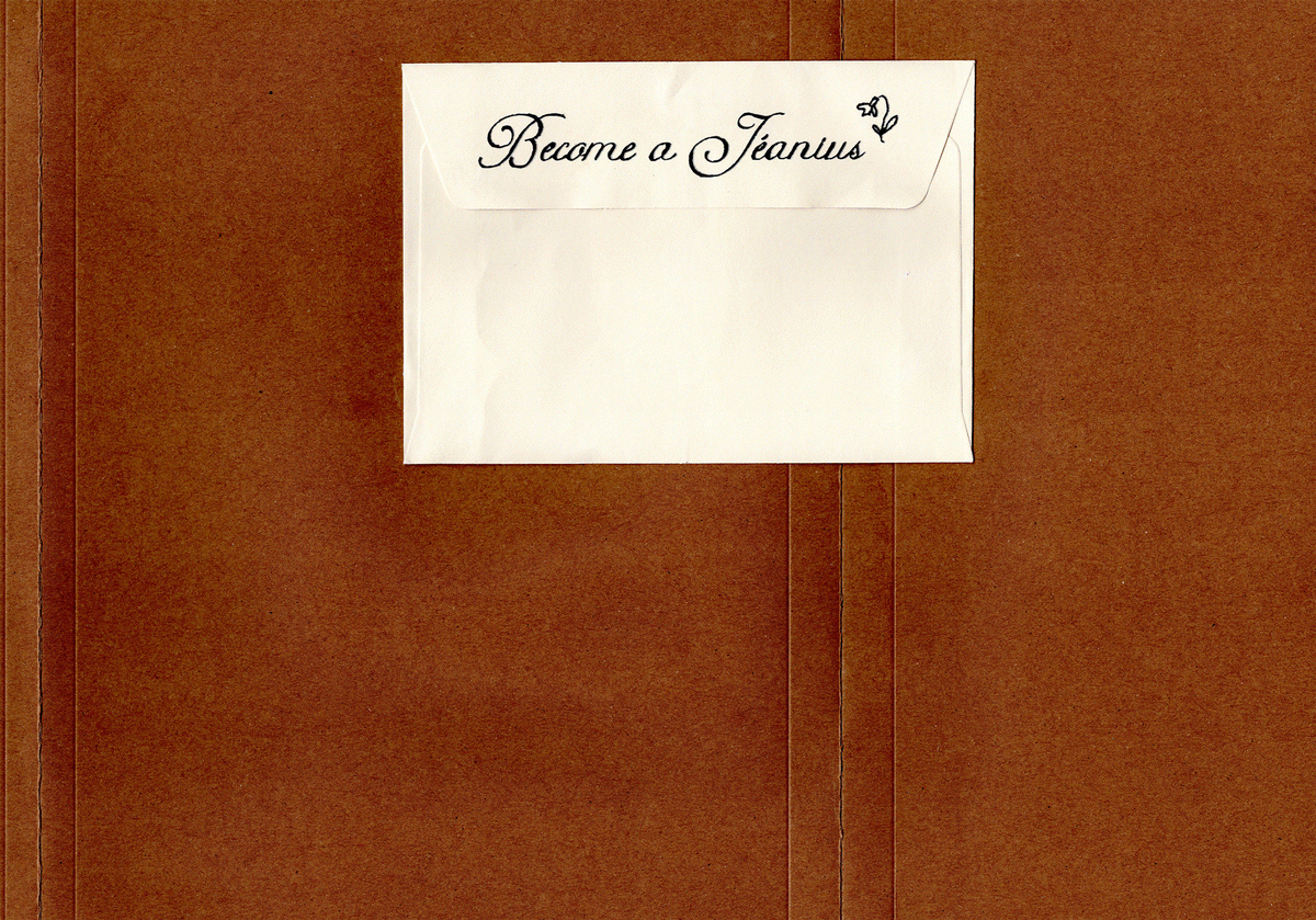 A flat-lay arrangement of vintage-style paper ephemera and stationery items on a brown textured background, including a lined notepad, cream cards with black script text reading 'Jeanius Club' and 'Become a Jeanius', a white lace doily, and a clear plastic sleeve.