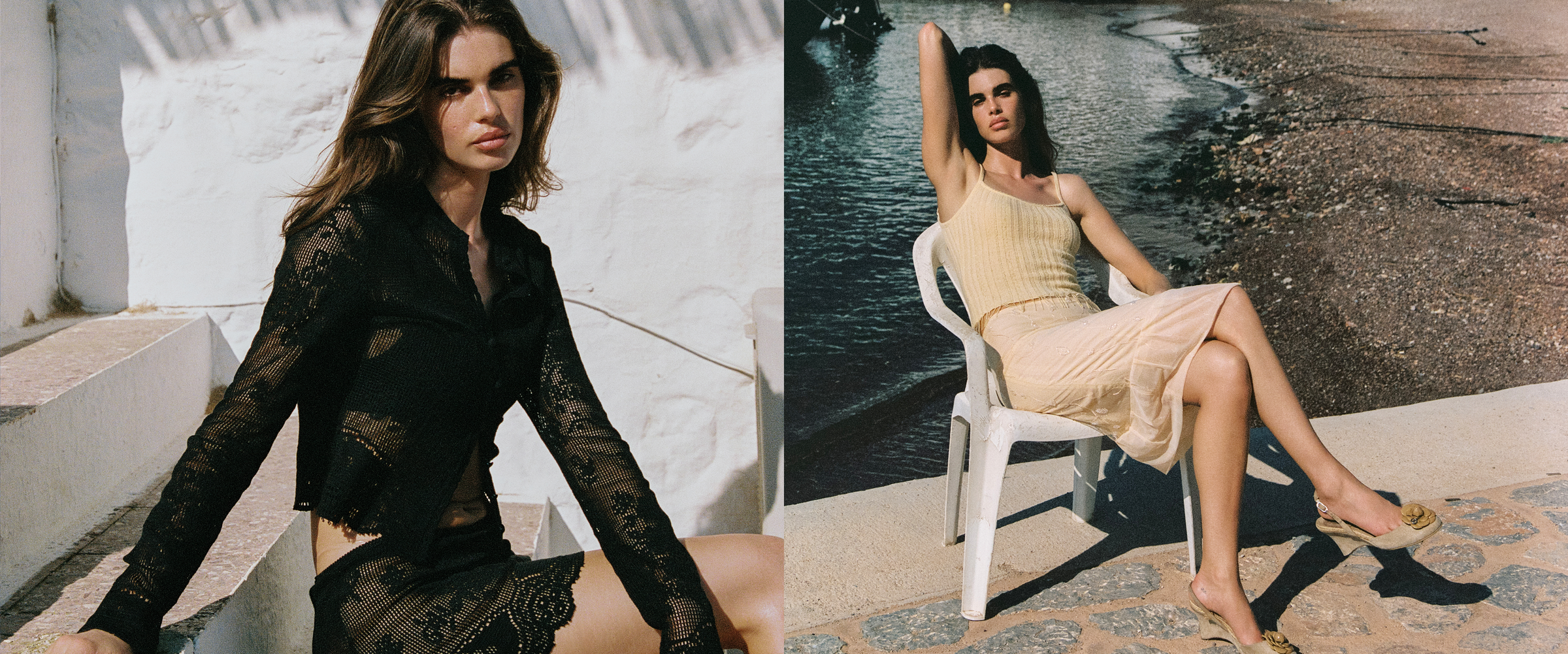Split image: left, a woman wearing a black crochet lace top and skirt seated on white steps; right, a woman wearing a cream ribbed tank and skirt seated by the water.