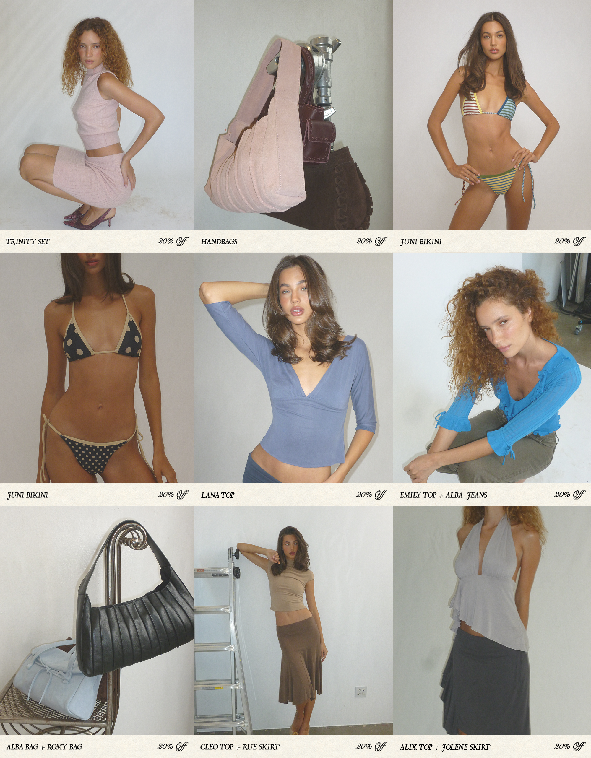 Collage of a woman in various outfits with text labels on a white background